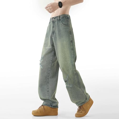 Baggy Jeans for Men Distressed X Ripped Wide Leg Denim Pants Vintage Washed Streetwear Skate Style4