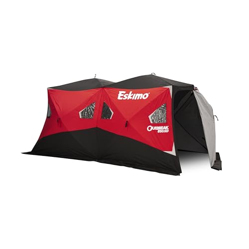 Eskimo Outbreak Portable Pop-Up Ice Fishing Shelter, Stormshield Insulated Fabric, No Trip Door, Durable Hub Design, Deluxe Tie Downs, Red/Black