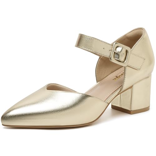 Image of RIBONGZ Comfortable Kitten Heels for Women Pointed Closed Toe Ankle Strap Buckle Heels Slip on Low Heel Church Pumps Wedding Bridal Party Dressy Shoes