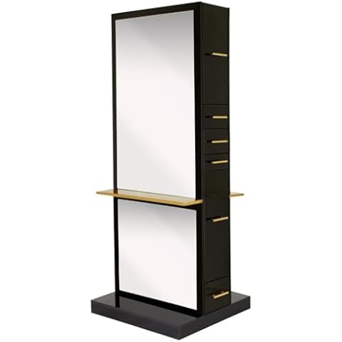 Buy-Rite Milan Double-Sided Styling Station for Professional Salons and Barbershops, 2 Full Length Mirrors with Front Metal Shelf, Slide-Out Tool Panel, NIN-MDN-01 (Gloss Black) Cover