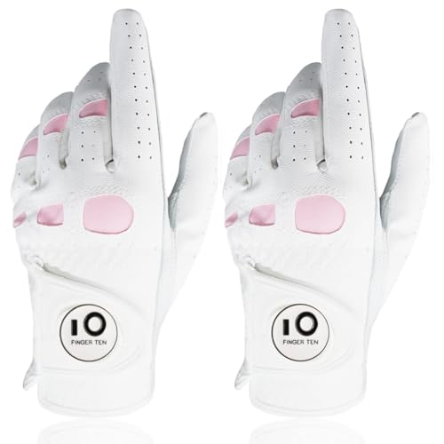 FINGER TEN Guanti da Golf Per Donna in Pelle Cabretta Ball Marker Grip Value 2 Pack, Guanto da Golf...