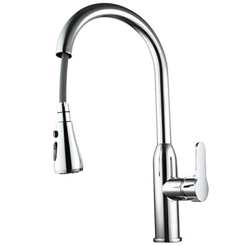 OWOHYG Grifos de cocina, grifos de fregadero de cocina con pulverizador extraíble, grifos mezcladores de agua fría y caliente, grifo extraíble de latón de arco alto de un solo mango, cromado