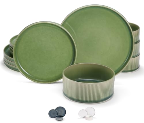 Ceramic Dinnerware Set by Vase and Vessel 12-Piece Service for 4 9.8 Dinner Plates 8 Salad Plates 20 oz Bowls Ombre Reactive Glaze Durable Stoneware Microwave & Dishwasher (Moss Green)