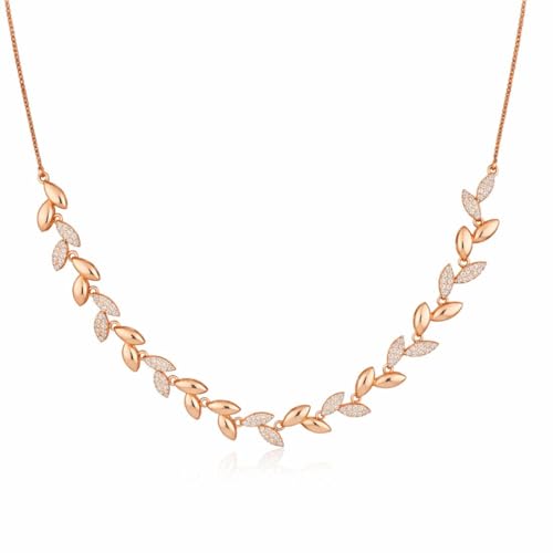 Image of Nilu's Collection Rose Gold Plated American Diamond Floral Leaf Necklace Set with Matching Drop Earrings For Women And Girls | Anti-Tarnish | Anti-Allergy | Office Wear