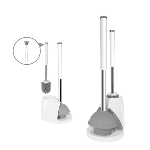 Image of Toilet Brush and Plunger Set with Holder Caddy and Tweezer - Features Plastic Handles and The Lower Parts Covering by Stainless Steel Sheets for Heavy Duty Performance,Hygienic,Clearing Tough Clogs.