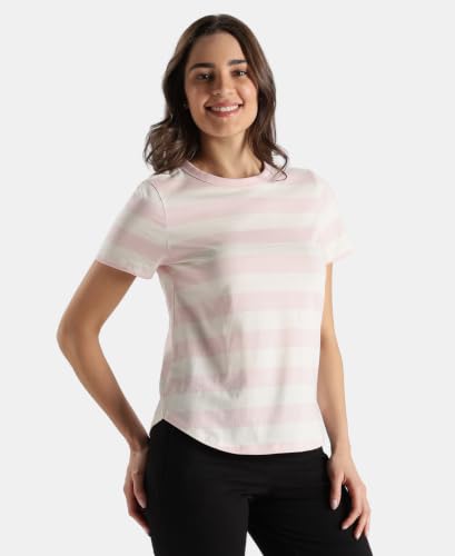 Image of Jockey A121 Women Super Combed Cotton Stripe Fabric Relaxed Fit Round Neck Half Sleeve T-Shirt with Curved Hem Styling