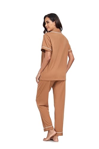 Image of COLORFULLEAF Women's 100% Cotton Pajamas Set Button Down Sleepwear Short Sleeve Shirt and Long Pants Soft Ladies Lounge Sets