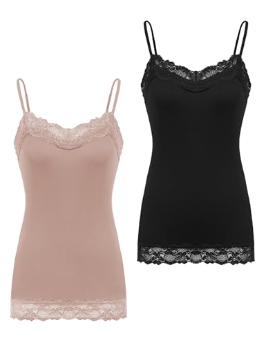 Image of Kate Kasin Women's Adjustable Spaghetti Strap Lace Trim Cami Tunic Tank Top 2PACK