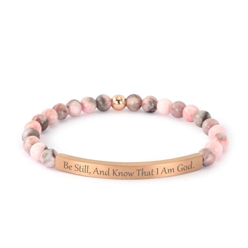 Inspirational Bracelets for Women 18K Gold Plated Christian Bible Verse Faith Jewelry Religious Jesus Prayer Gift for Mom Sister Friend (Be still and know that I am God-Pink Zebra Jasper)