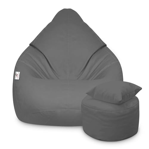 Image of Brand - XXXXL Faux Leather Bean Bag Sofa with Stool Ready to Use Filled with Beans (Grey) (Jumbo Size)