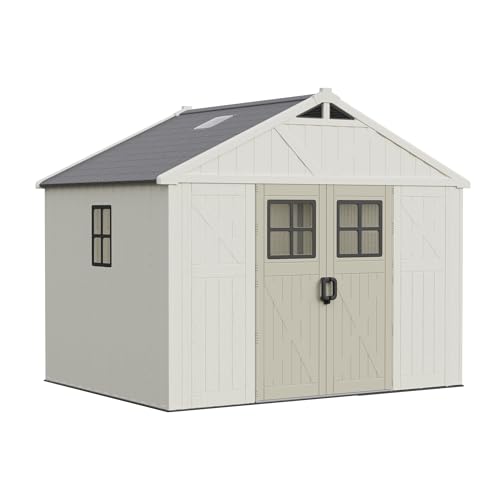 Image of Greesum 10X8FT Plastic Outdoor Storage Shed with Floor and Lockable Door, Resin Sheds with 4-Windows and Multiple Skylights, HDPE Kick-it Shed for Garden, Patio, Backyard, Beige