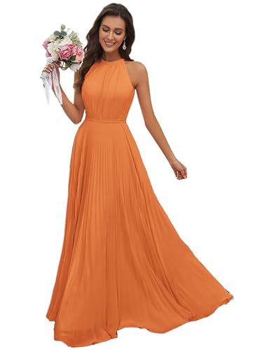 JAEDEN Abendkleid Damen Lang Elegant für Hochzeit Neckholder Brautjungfernkleider Chiffon Festliches Party Kleid Orange 46