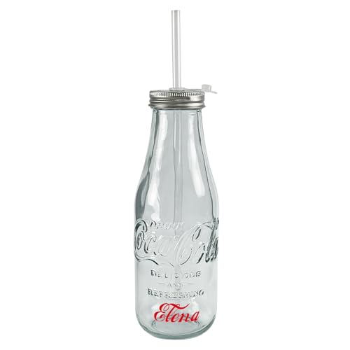 Herz & Heim® Personalisierte Coca-Cola Glasflasche im Retrodesign mit Strohhalm – 550 ml – Trinkflasche mit Name – handgemacht aus recyceltem Glas – Schraubverschluss aus Metall