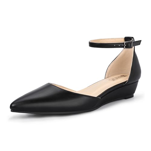 IDIFU Women's Low Wedge Flats Closed Pointed Toe Dress Shoes for Women with Adjustable Ankle Strap Wedding Bridal Work Office Business Prom Comfortable Dressy Casual Formal Cute Flat Shoes - Main Image
