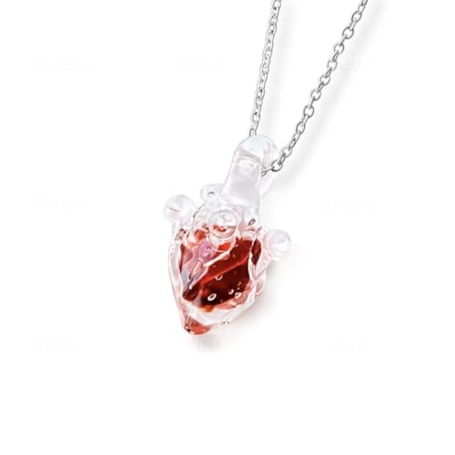 Blood Vial Necklace, Gothic Anatomical Heart Necklace Stainless Steel Pendant Human Organ Biology Charm Necklace, Glass heart necklace, Clear Heart Vial Bottle Necklaces Stainless Steel Chain