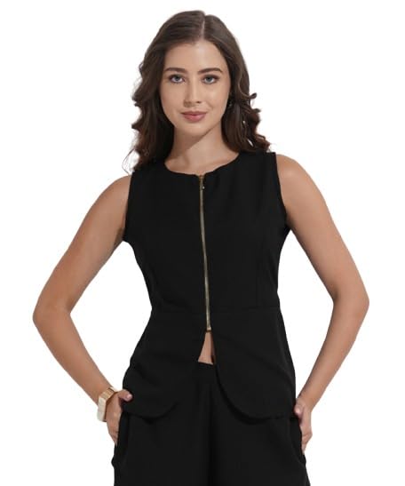 Fashfun Women's Blue Solid Linen Blend Waistcoat with Zipper Closure