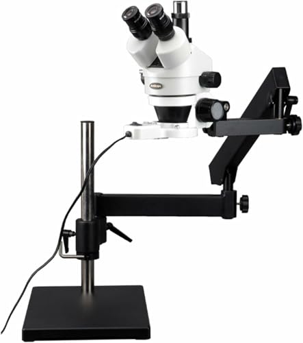 Image of AmScope SM-7TX-FRL Professional Trinocular Stereo Zoom Microscope, WH10x Eyepieces, 3.5X-45X Magnification, 0.7X-4.5X Zoom Objective, 8W Fluorescent Ring Light, Articulating-Arm Boom Stand, 110V-120V, Includes 0.5x Barlow Lens