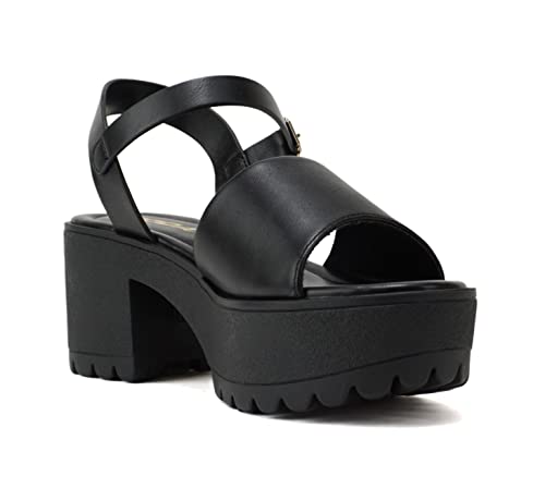 Soda “Stacie” ~ Women Open Toe Lug Sole Low Block Heeled Sandals With Adjustable Ankle Strap (Black Pu, Us_Footwear_Size_System, Adult, Women, Numeric, Medium, Numeric_10) #TOP3