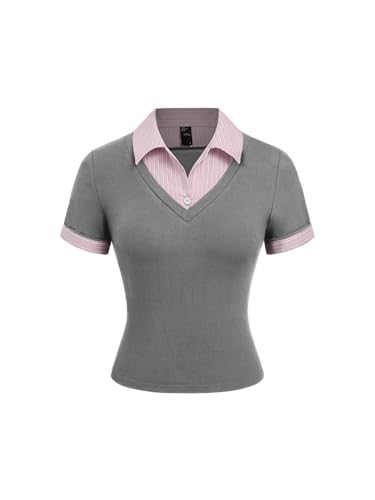 Image of CIDER Women Cotton Collar Stripe Two Tone Short Sleeve Knit Fabric Tops