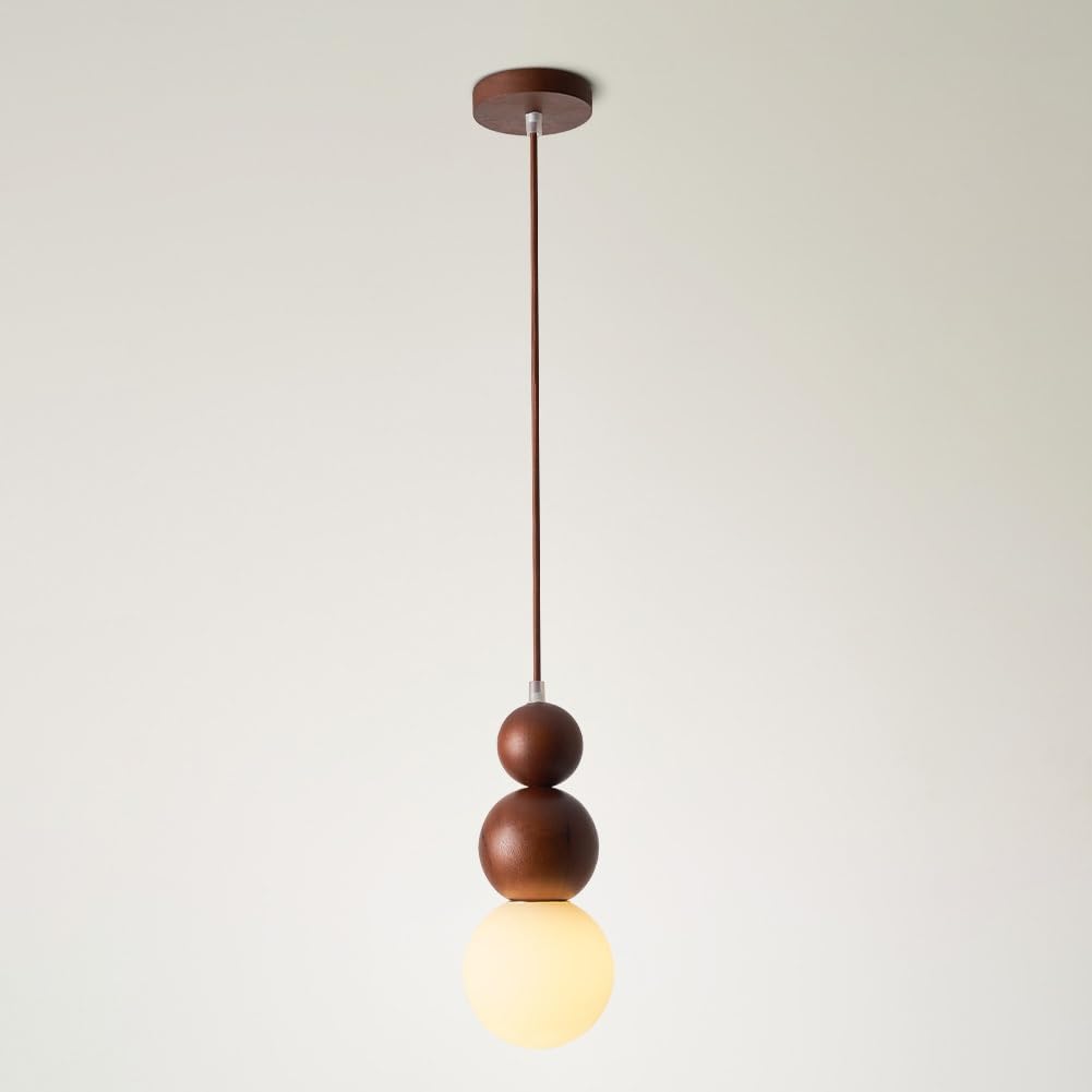 COSRUB Vintage Wood Globe Hanging Lamp, 3 Ball Stacked Mini Pendant Light Fixtures Mid Century Farmhouse Dimmable Chandelier for Bedroom Bedside Reading Nook(Walnut,3000K)
