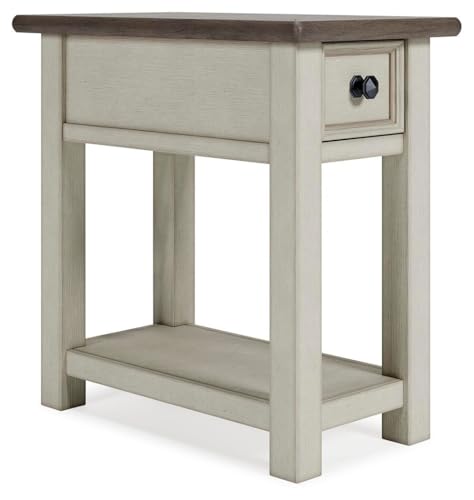 Signature Design by Ashley Bolanburg Chairside End Table With Charging Station, Two-Tone Wood Accent Table With Drawer Storage, Plank Top Design for Living Room or Bedroom, Antique White by Signature Design by Ashley - Used condition - US$148.17