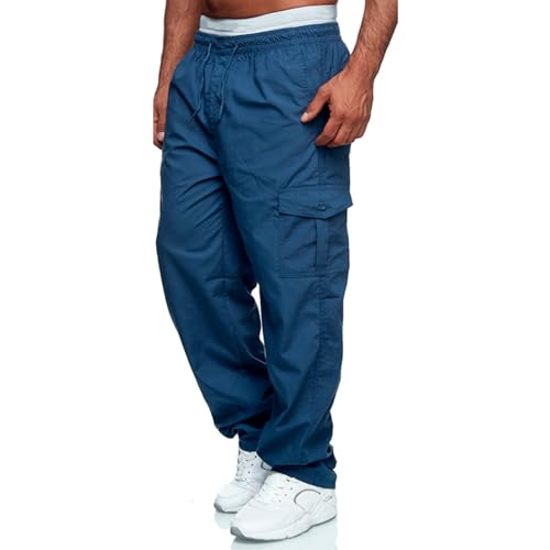 Mens Cargo Trousers Combat Work Casual Jogger Tracksuit Bottoms Drawstring Waist Pants with Pockets Blue M