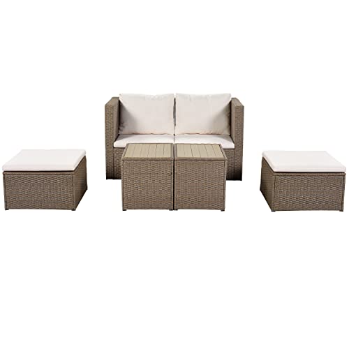 Merax 6 Pieces Outdoor Patio Furniture Set, Wicker Sectional Conversation Sofa Couch, Brown/Beige #TOP3