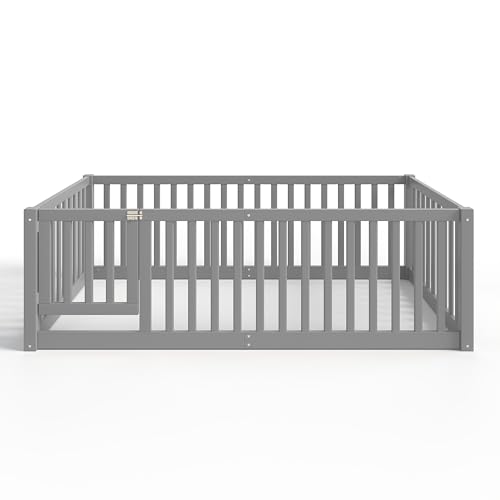 Bellemave Twin Size Kids Montessori Floor Bed with Door,Solid Wood Floor Bed Frame with High Fence for Girls,Boys,Gray by Bellemave - Used condition - Image 8
