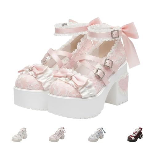 Women's Gothic Lolita Chunky Platform Mary Jane Shoes - Kawaii Bow Buckle Ankle Strap High Heels with Heart Detail for Cosplay, Party Dress and Daily Wear (Pink,6)