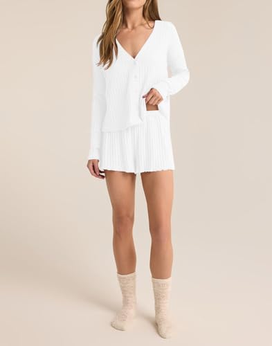 Dressmine Womens Long Sleeve Pajama Sets Button Up Pajamas Sleeping Shorts 2 Piece Lounge Set Knit Sexy Sleepwear
