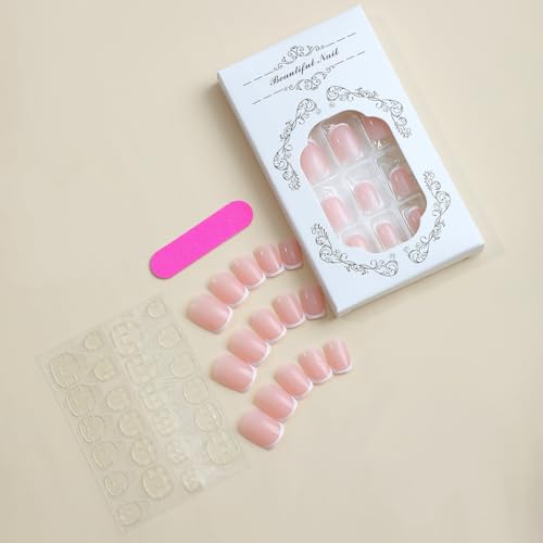 Image of White French Tip Press on Nails Short Square Fake Nails Design Reusable Glossy Full Cover Nude Stick on Nail for Women Manicure 24Pcs