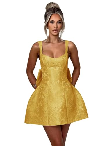 Image of V Neck Satin Short Homecoming Dresses with Bow Gold Backless Ruched Lace Up A Line Mini Tight Cocktail Party Prom Gown for Teens 2025 US2