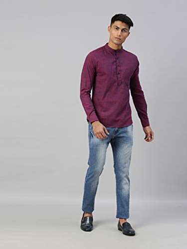 Image of KRYPTIC Men's Full Sleeve Regular Fit Short Kurta in Premium Pure Cotton with Patch Pocket and Mandarin Collar - Perfect Blend of Style and Comfort