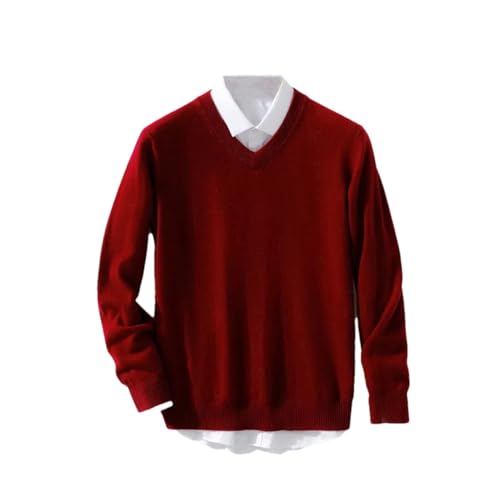 DBFBDTU Men's Soft Cashmere Sweater Pullover Business Casual Solid V-Neck Knitted Woolen Sweaters Wine Red M
