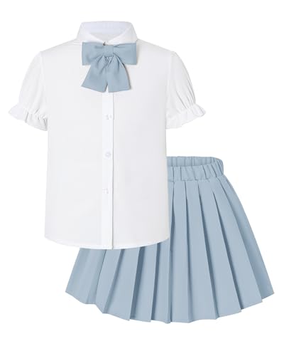 Image of Betusline Girls Skirt Set JK School Uniform 2-Piece Outfit - Short Sleeve Shirt with Bow & Pleated Skirt 4T-14Y