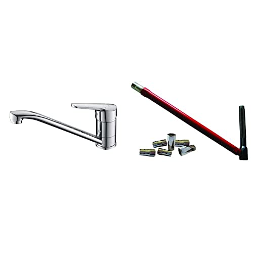 Ibergrif M14450, Mitigeur d'Evier, Robinet de Cuisine Monocommande, Mitigeur Cuisine Orientable à 360° & Cle Lavabo speciale Mitigeur Ø 13mm + 6 Douilles ø 8 - 9 - 12 - 10 - 11 - 14mm, Rouge