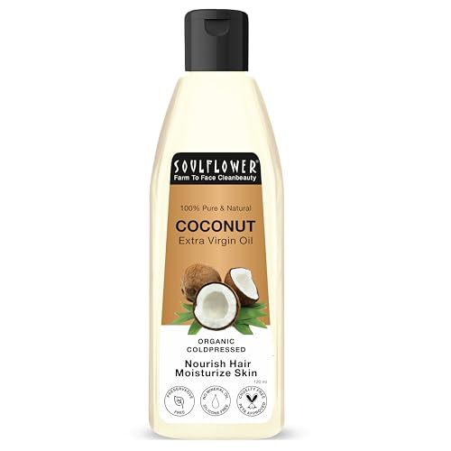 Image of Soulflower Extra Virgin Coconut Oil | Clinically Proven for Hair Growth, Moisturizer, Damage Repair, Anti-Frizz, Baby & Body Massage | 100% Pure, Ecocert Organic Certified, No Mineral Oil, 120ml