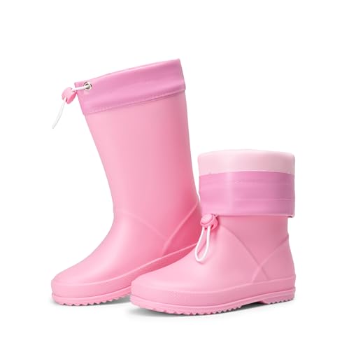 DREAM PAIRS Kids Rain Boots Boys Girls Lightweight Boots Waterproof Easy-on Outdoor Playing Rain Boot Unisex-Child,Size 4 Big Kid,Pink,SDRB2401K