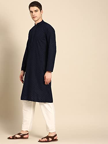 Image of Rajubhai Hargovindas Men Pure Cotton Chikankari Embroidered Straight Kurta