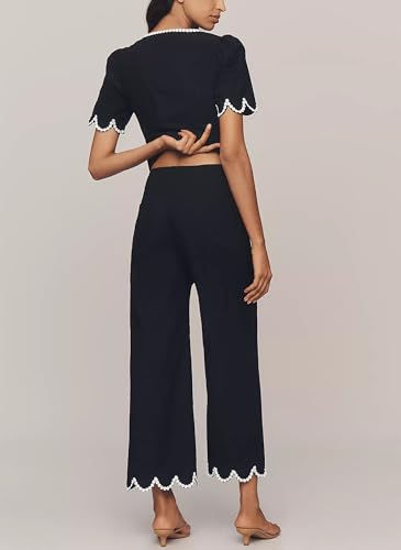 ACCPUR Women's Scalloped Wide Leg Pants Casual High Waisted Button Down Loose Fit Cropped Hem Trousers with Pockets Black — view 3