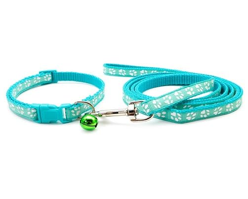Small Dog Puppy Pet Collar and Lead Set Pawprint Design Nylon Adjustable Size 19-32cm Collar with Bell and 120cm Leash Aqua Blue Turquoise - Image 2
