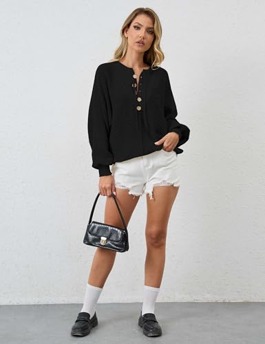 Women Oversized Button Down Hollow Out Crochet Sweater Pullover Drawstring Henley Neck Long Sleeve Knit Crochet Tops3