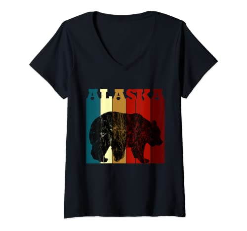 Femme Ours Alaska aux couleurs vintage et design rétro vieilli T-Shirt avec Col en V