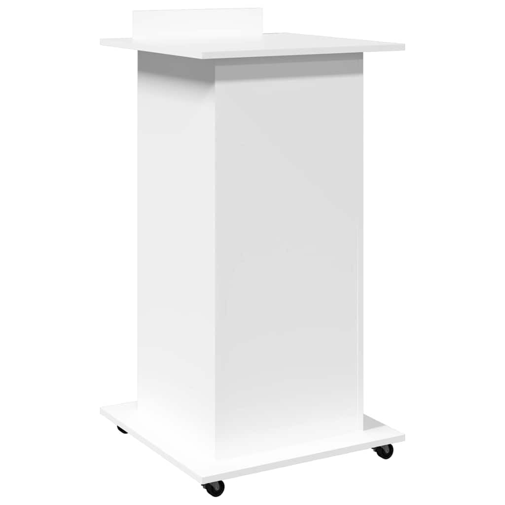Rednerpult Weiß aus Holzwerkstoff mit neigbarer Oberplatte 55x55x107 cm, Rollen mit Feststellfunktion, Schublade und Stauraum für Büro, Präsentation und Heimarbeit
