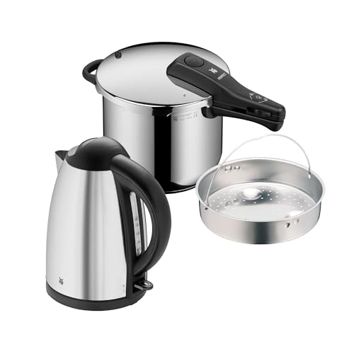 WMF Set 2-teilig Bueno Wasserkocher 1,7l, Kalkfilter, 2400 W, beleuchtete Wasserstandsanzeige und Perfect One Pot Schnellkochtopf Induktion 6,5l, mit Einsatz, 2 Kochstufen, Einhand-Kochstufenregler