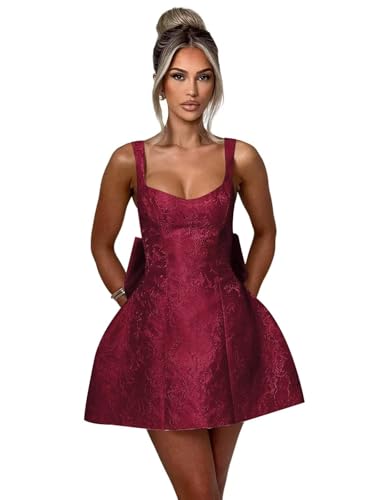 Image of Women's Satin Mini Homecoming Dresses with Bow A Line 2025 Burgundy Sleeveless Cute V Neck Short Cocktail Party Gown for Teens Plus Size US28W