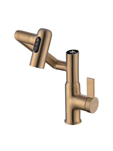 Lefton Rotatable Bathroom Faucet with Temperature Display in Fahrenheit (Batteries-Free), 3 Water Modes, Brushed Copper, BF2204-7