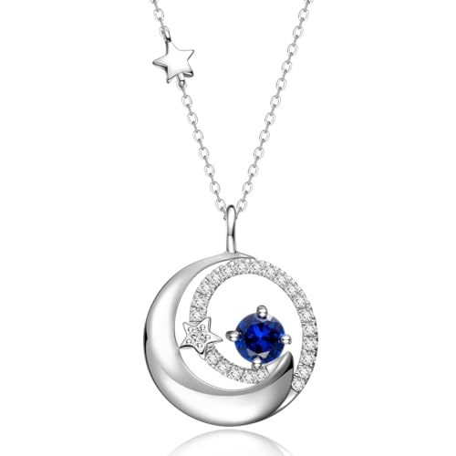 FANCIME Birthstone Necklaces 925 Sterling Silver Moon and Star Pendant Fine Jewelry Birthday Christmas Gifts for Mom Wife Her Daughter, Adjustable Chain 16+2
