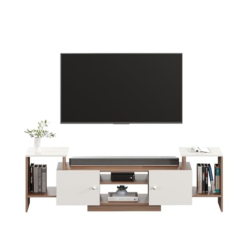 Image of FURNEASER Eptimal Modern Wooden TV Unit for Living Room | Engineered Wood Entertainment Center with Storage | TV Stand for 65 Inch TVs | TV Cabinet with Shelves & Doors (Exotic Teak & White)