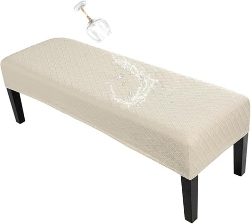Image of SearchI Waterproof Dining Bench Cover, Stretch Washable Long Bench Seat Covers, Rectangle Dining Table Bench Slipover for Dining Room, Living Room, Kitchen(Beige Jacquard)